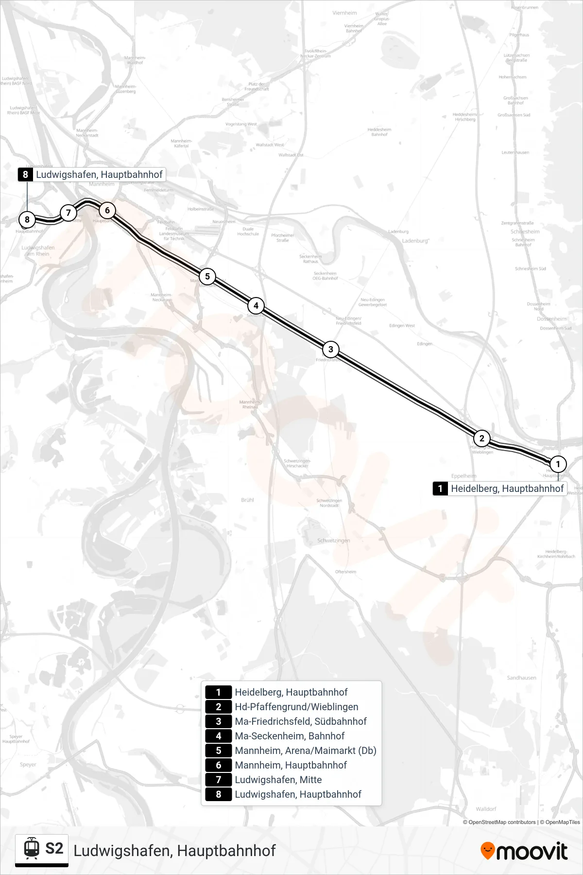 Linie S2 (Straßenbahn) Richtung Ludwigshafen, Hauptbahnhof: Route und Haltestellen auf der Karte