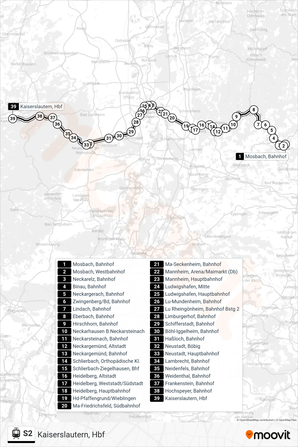 S2 light rail Line (Kaiserslautern, Hbf) route and stops on a map