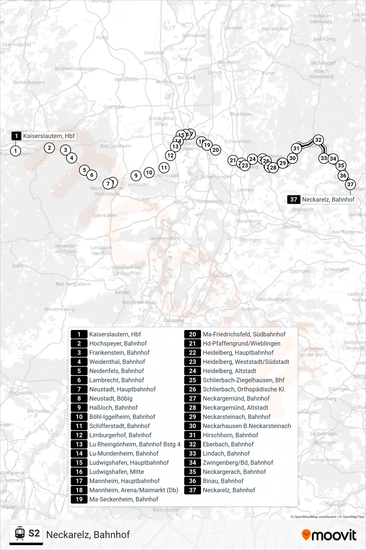 S2 light rail Line (Neckarelz, Bahnhof) route and stops on a map