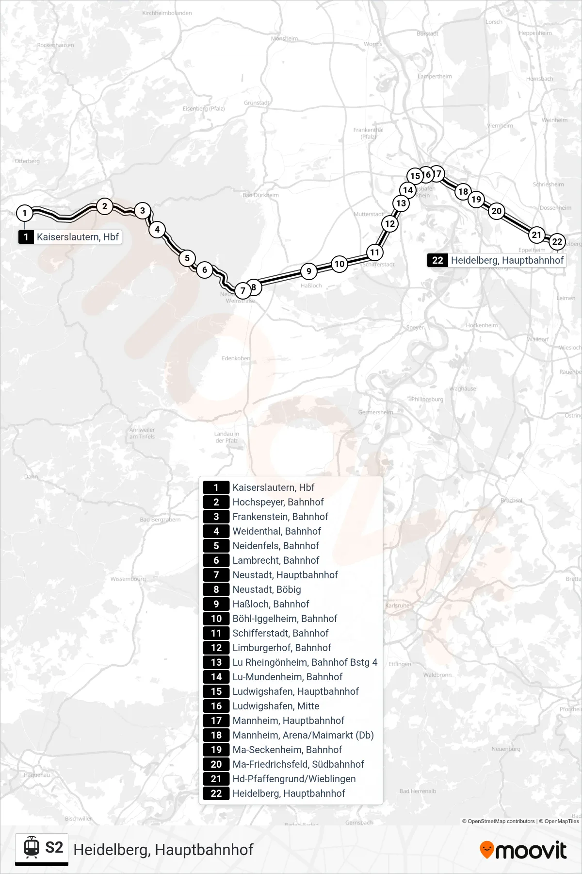S2 light rail Line (Heidelberg, Hauptbahnhof) route and stops on a map