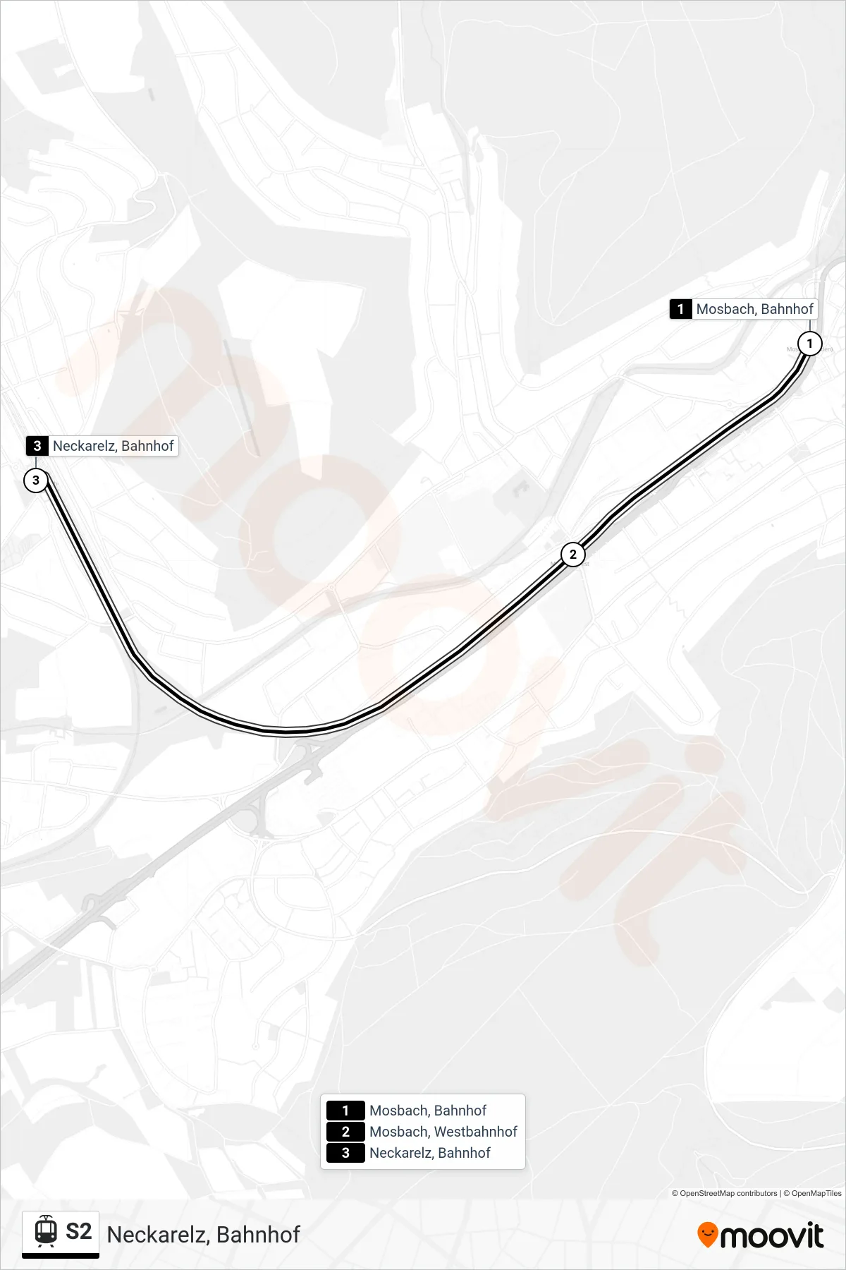 S2 light rail Line (Neckarelz, Bahnhof) route and stops on a map