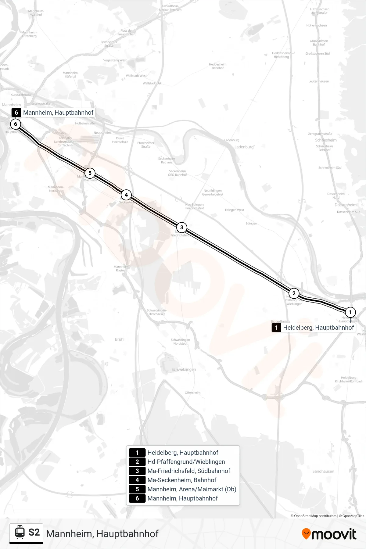 S2 tram Line (Mannheim, Hauptbahnhof) route and stops on a map