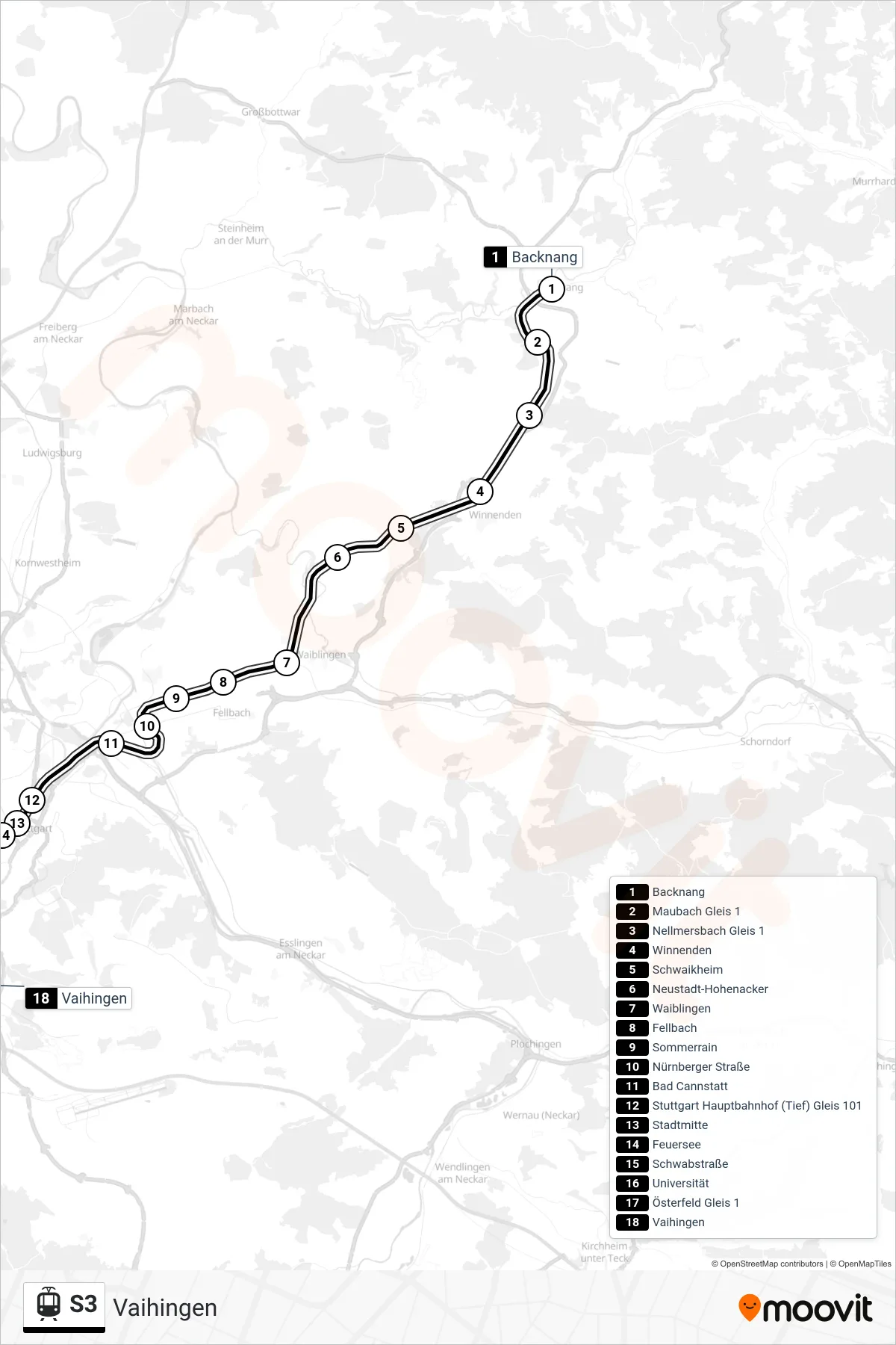 Linie S3 (Straßenbahn) Richtung Vaihingen: Route und Haltestellen auf der Karte