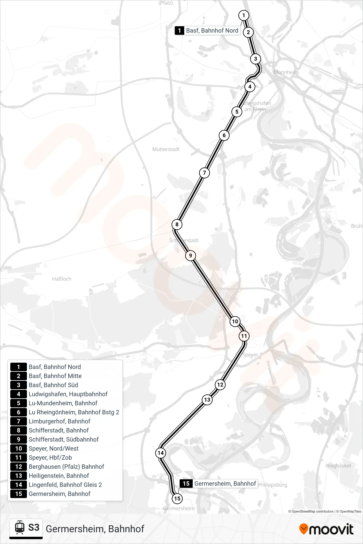 S3 light rail Line (Germersheim, Bahnhof) route and stops on a map