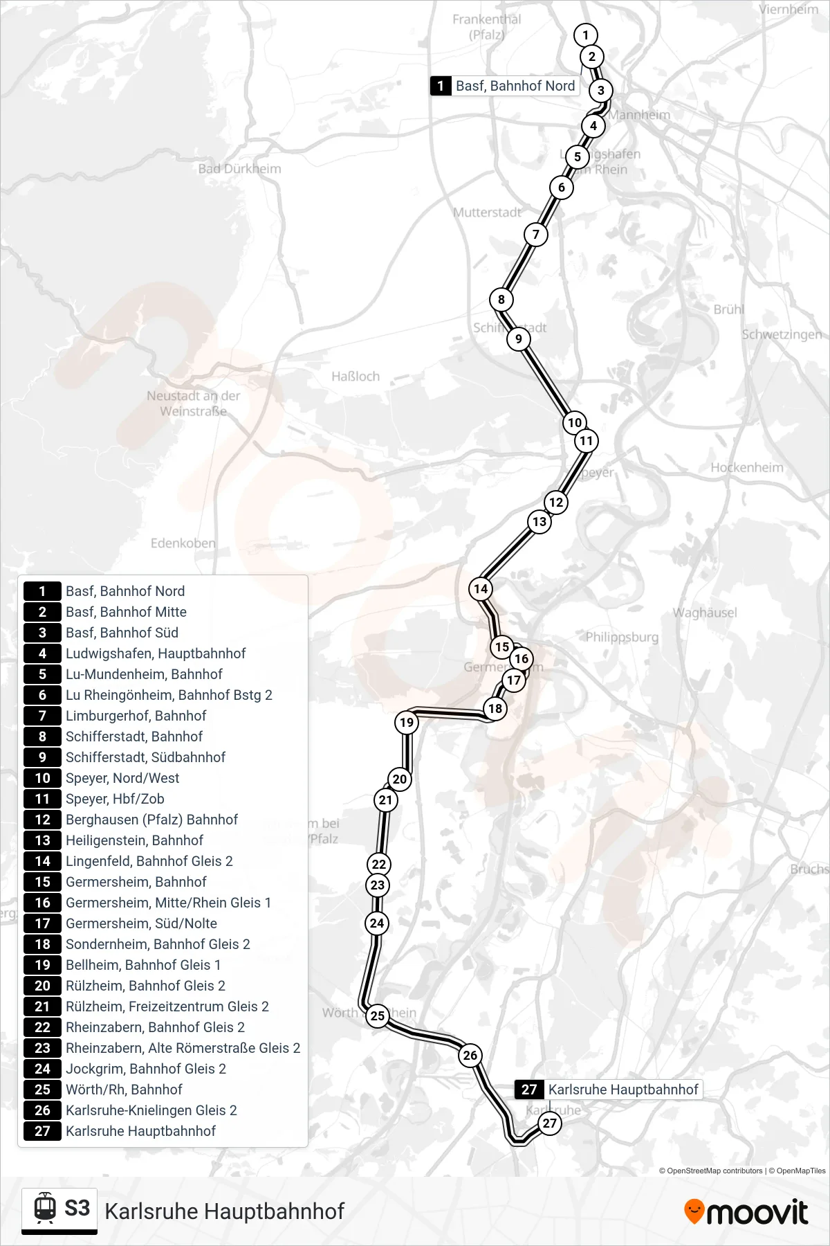 S3 tram Line (Karlsruhe Hauptbahnhof) route and stops on a map
