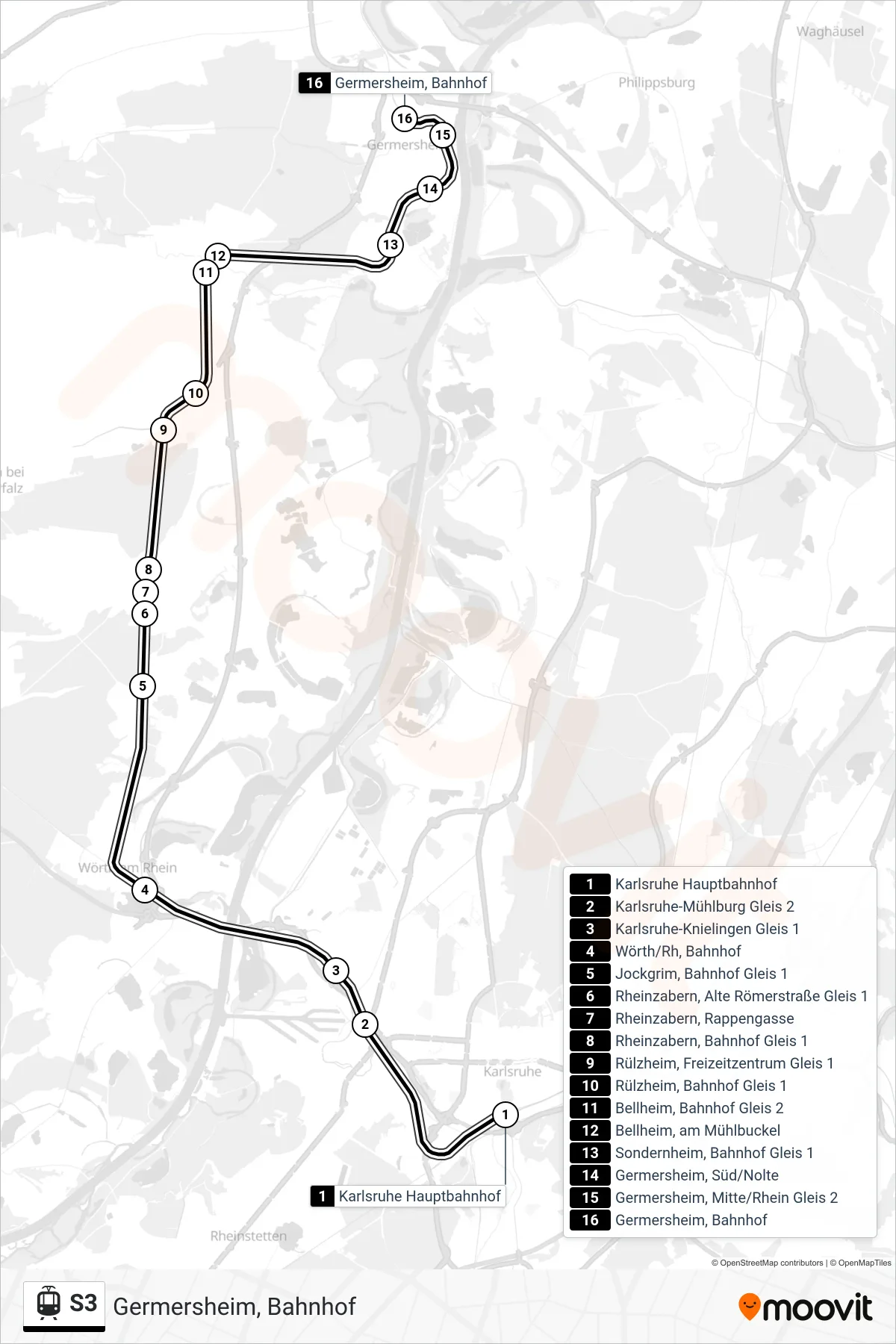 S3 tram Line (Germersheim, Bahnhof) route and stops on a map