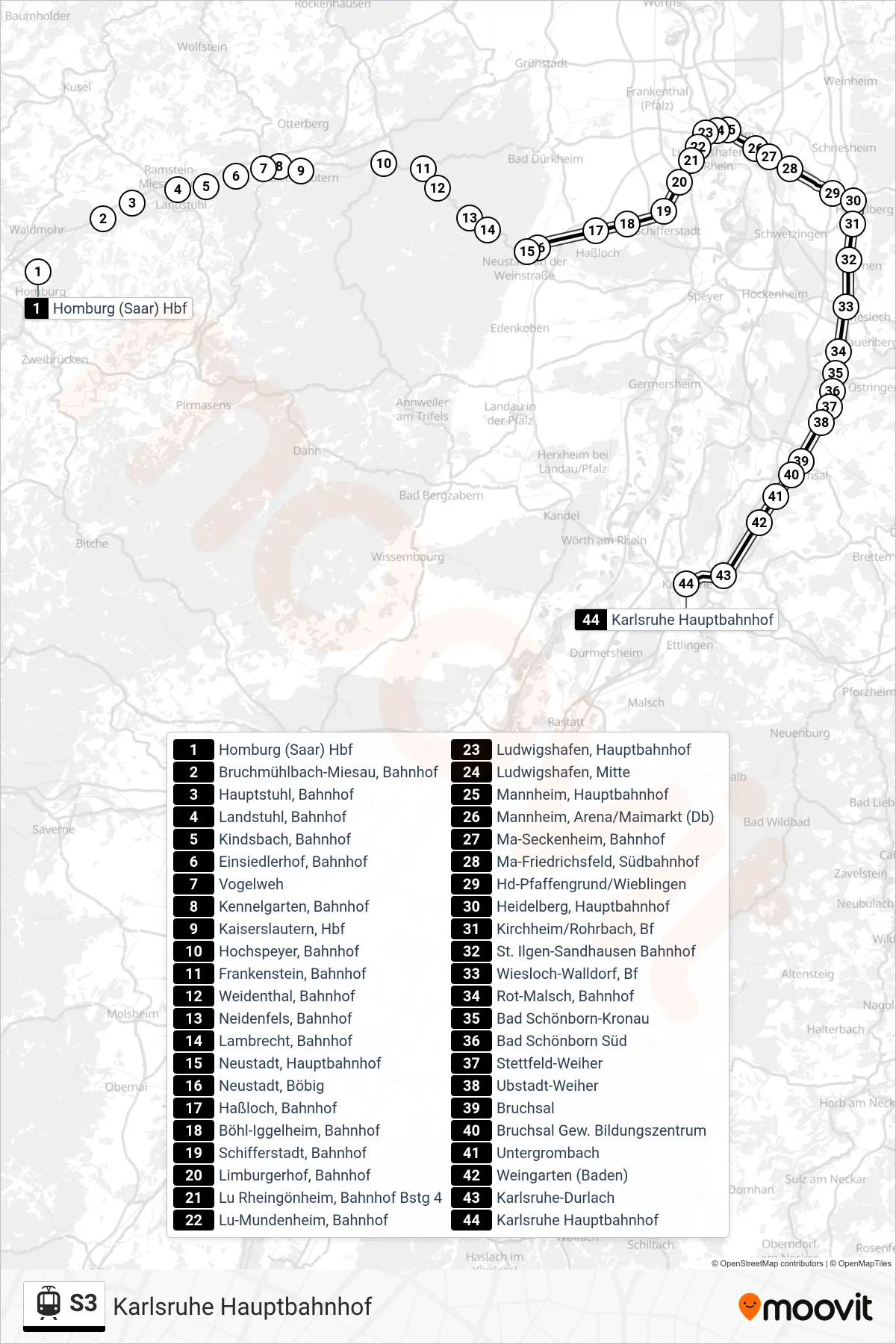 S3 light rail Line (Karlsruhe Hauptbahnhof) route and stops on a map