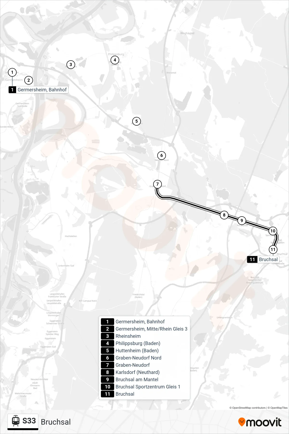 S33 light rail Line (Bruchsal) route and stops on a map