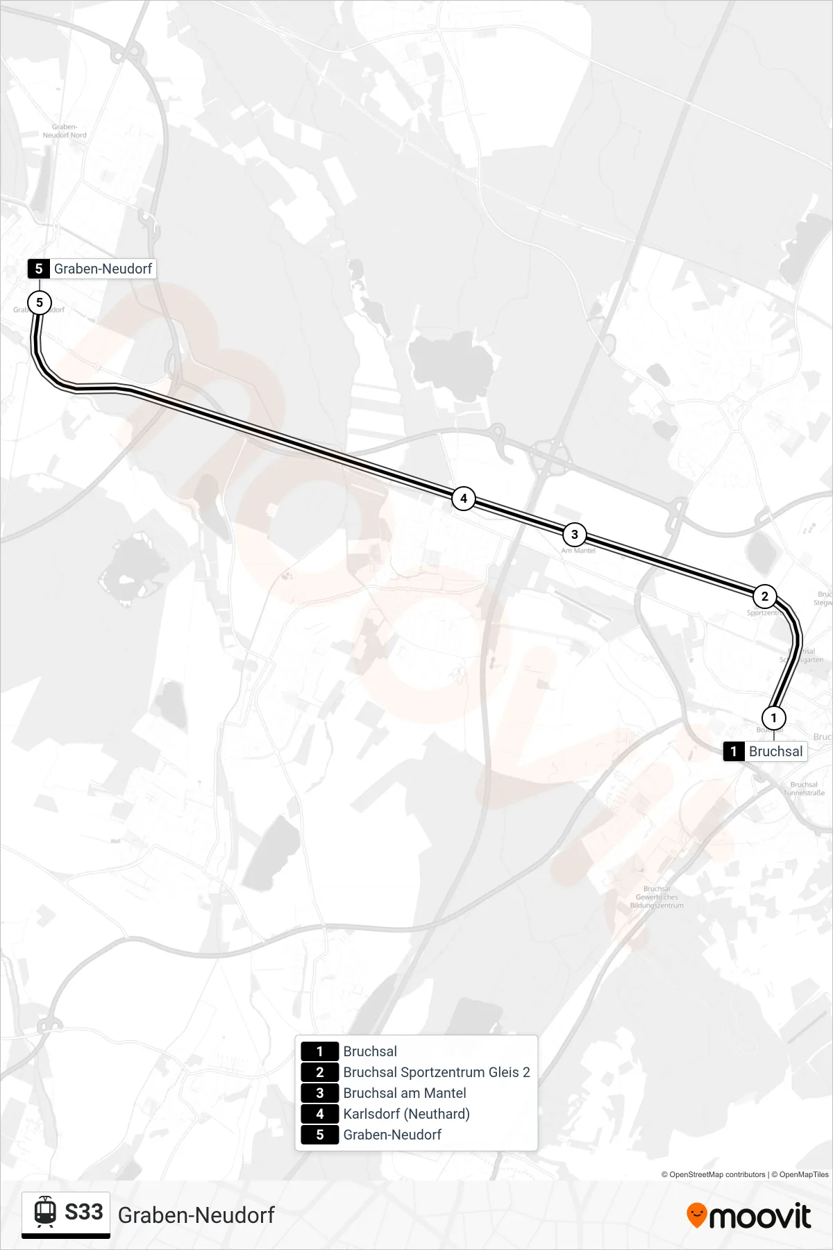 Linie S33 (Straßenbahn) Richtung Graben-Neudorf: Route und Haltestellen auf der Karte