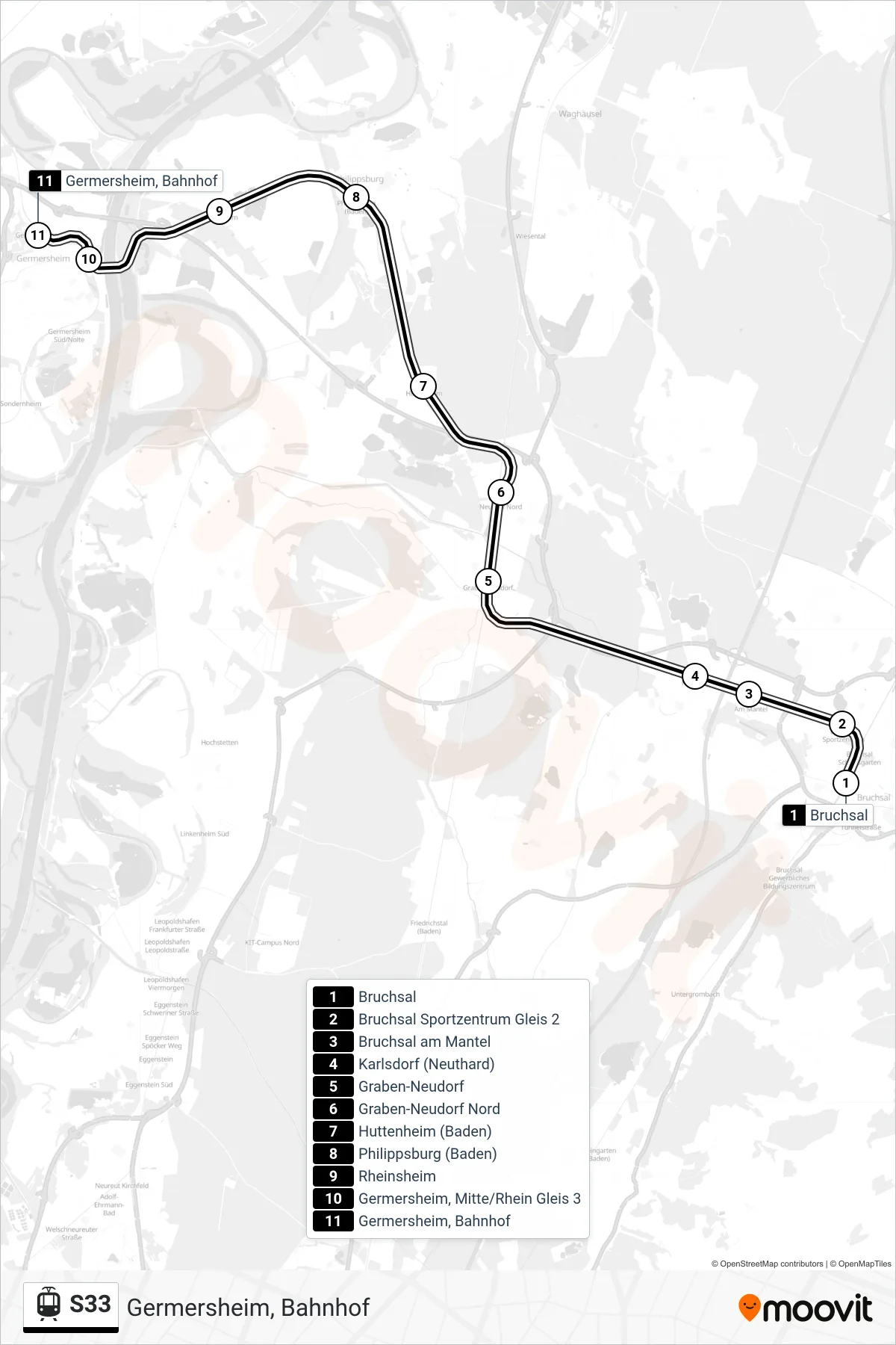 S33 tram Line (Germersheim, Bahnhof) route and stops on a map