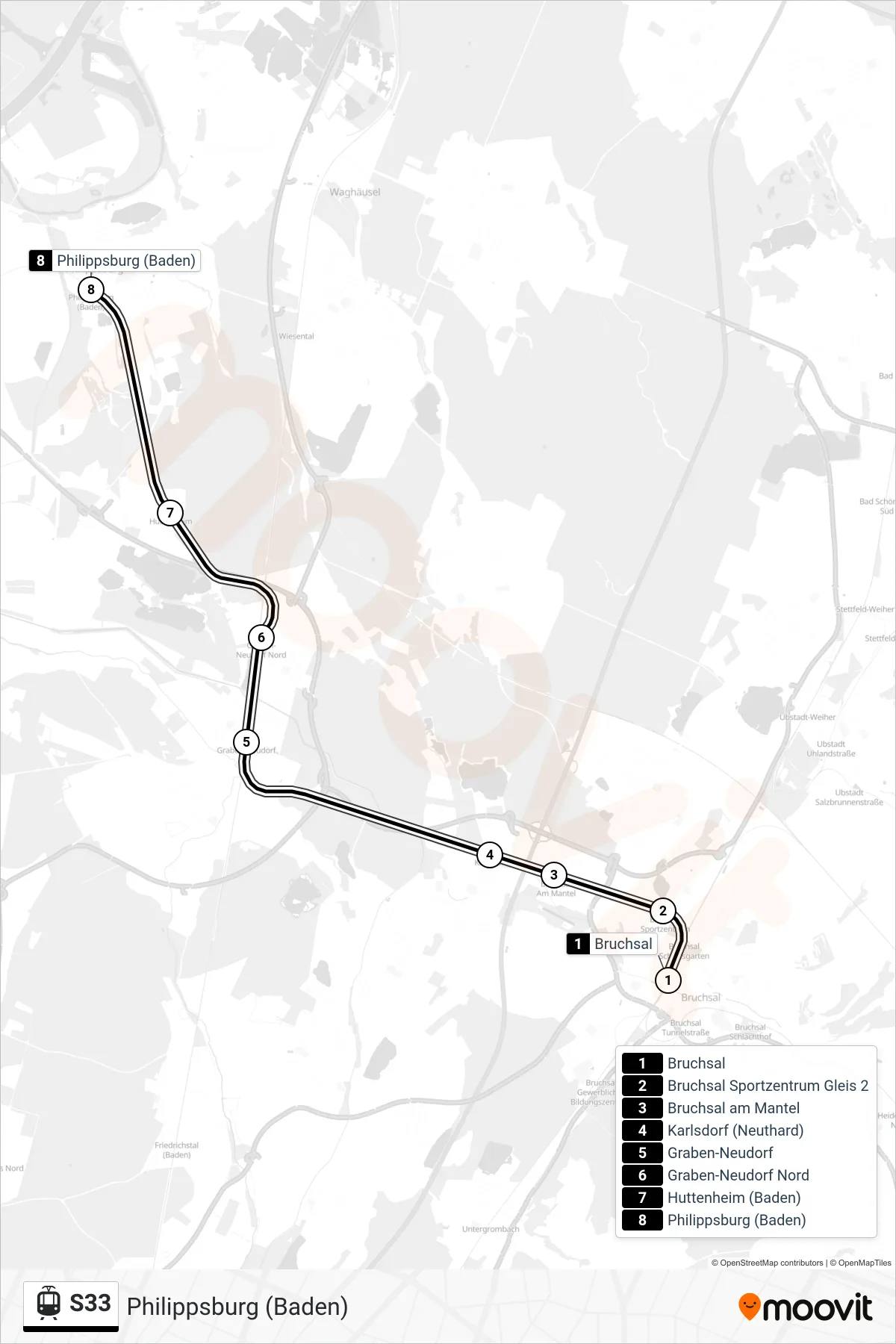 S33 tram Line (Philippsburg (Baden)) route and stops on a map