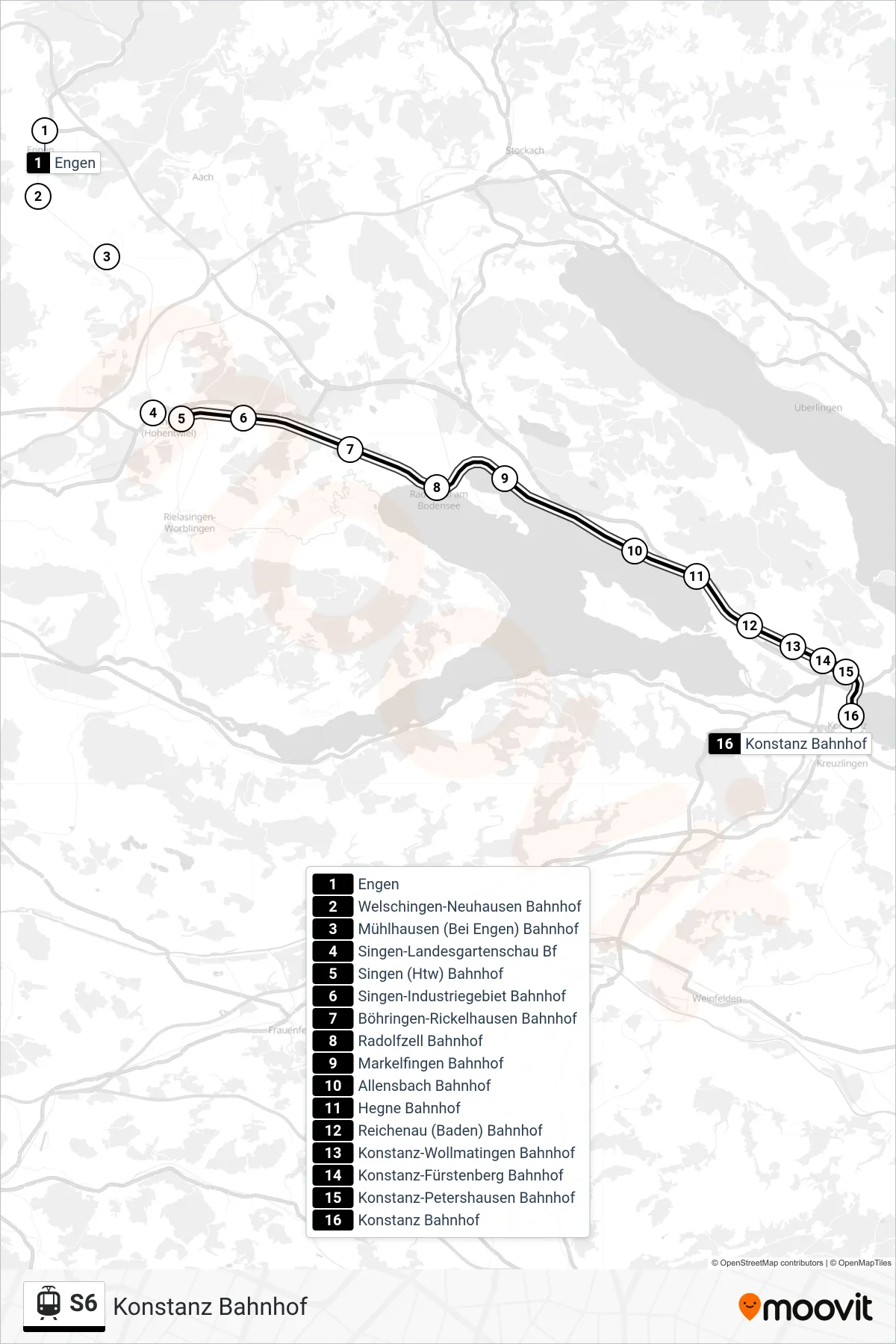 S6 light rail Line (Konstanz Bahnhof) route and stops on a map
