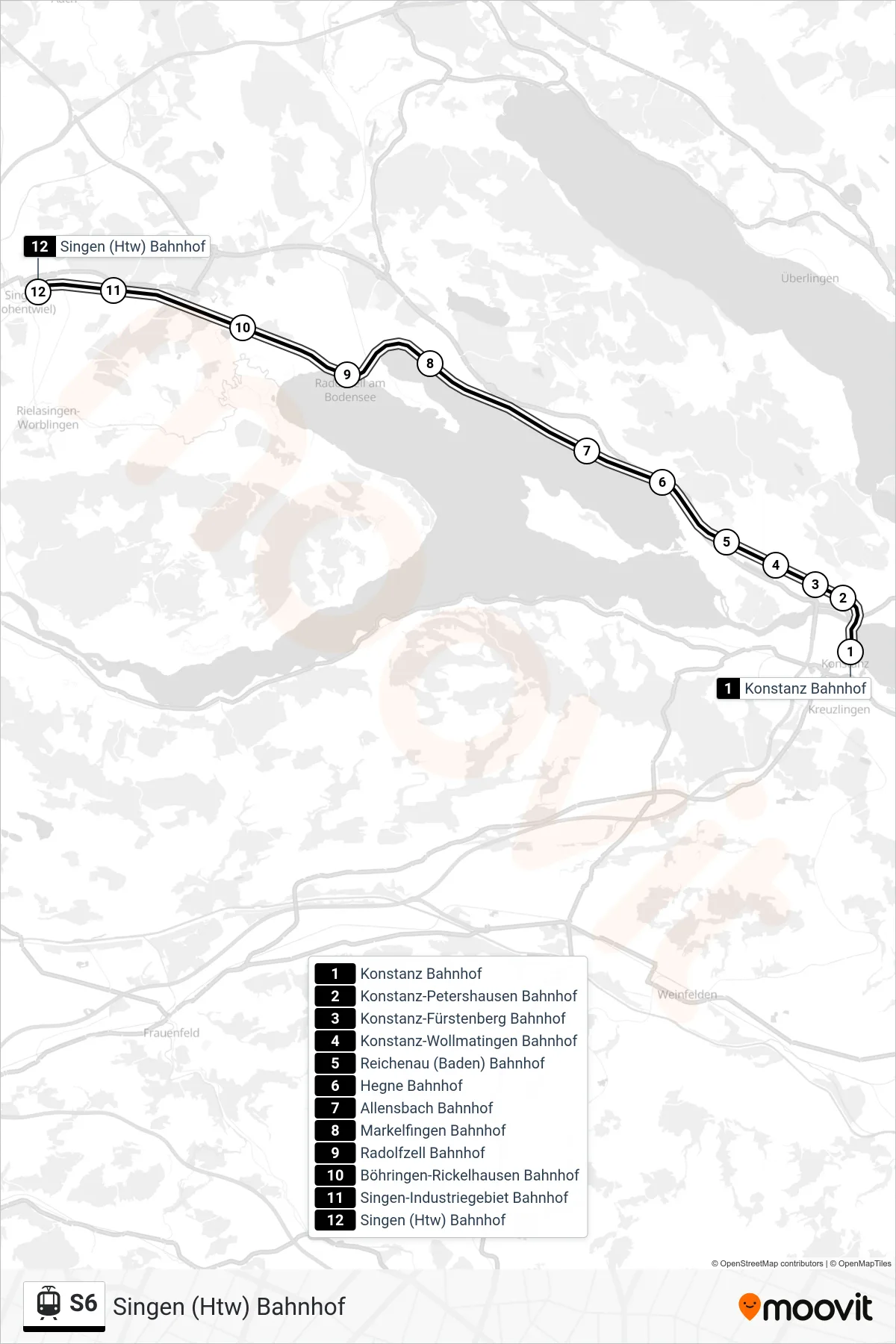 Linie S6 (Straßenbahn) Richtung Singen (Htw) Bahnhof: Route und Haltestellen auf der Karte