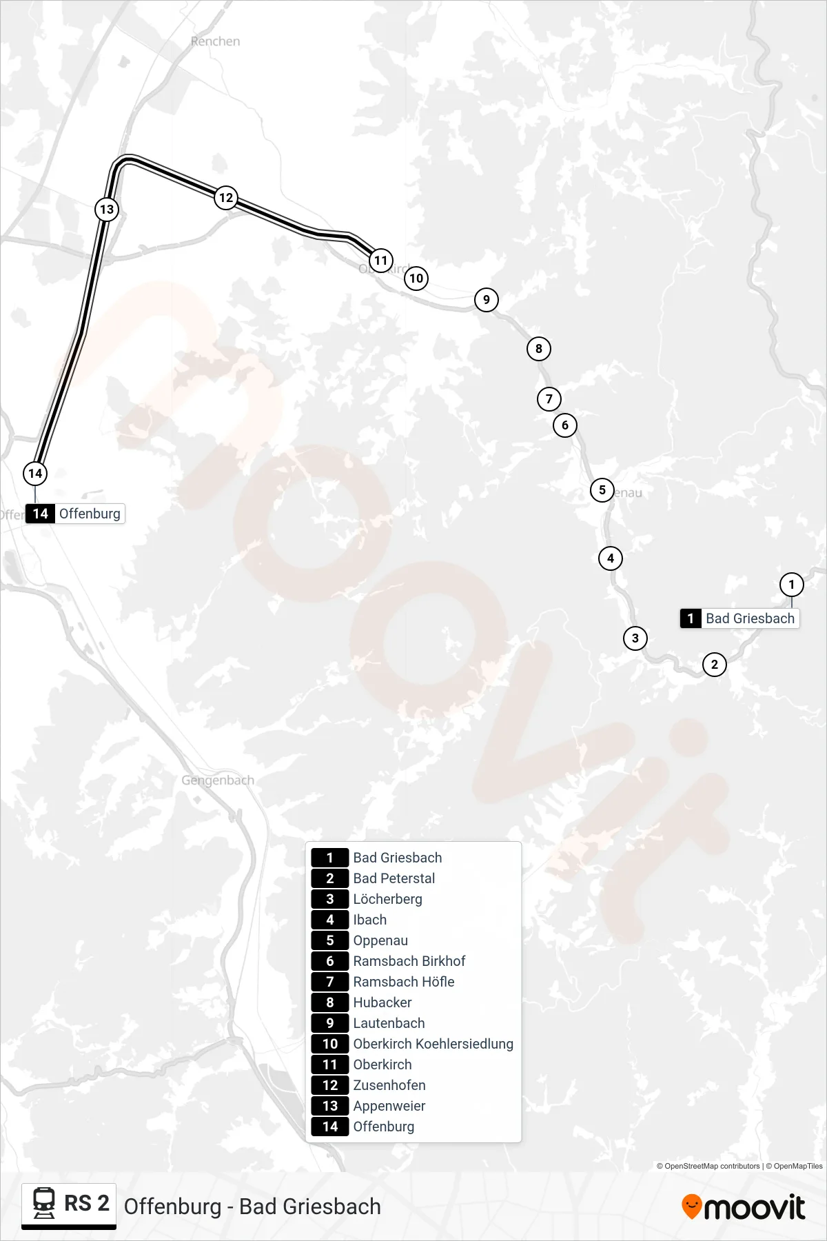 Linie RS 2 (Bahn) Richtung Offenburg: Route und Haltestellen auf der Karte