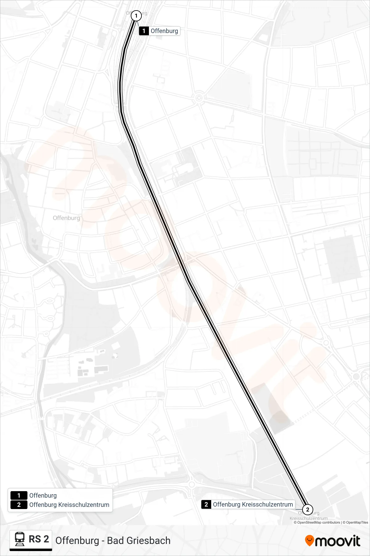 RS 2 train Line (Offenburg Kreisschulzentrum) route and stops on a map