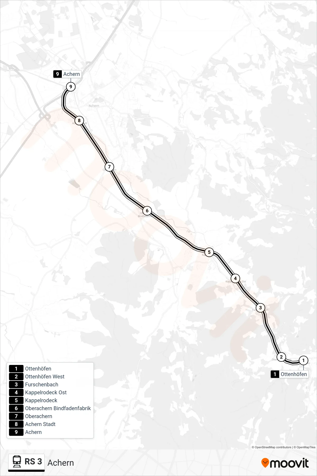 RS 3 train Line (Achern) route and stops on a map