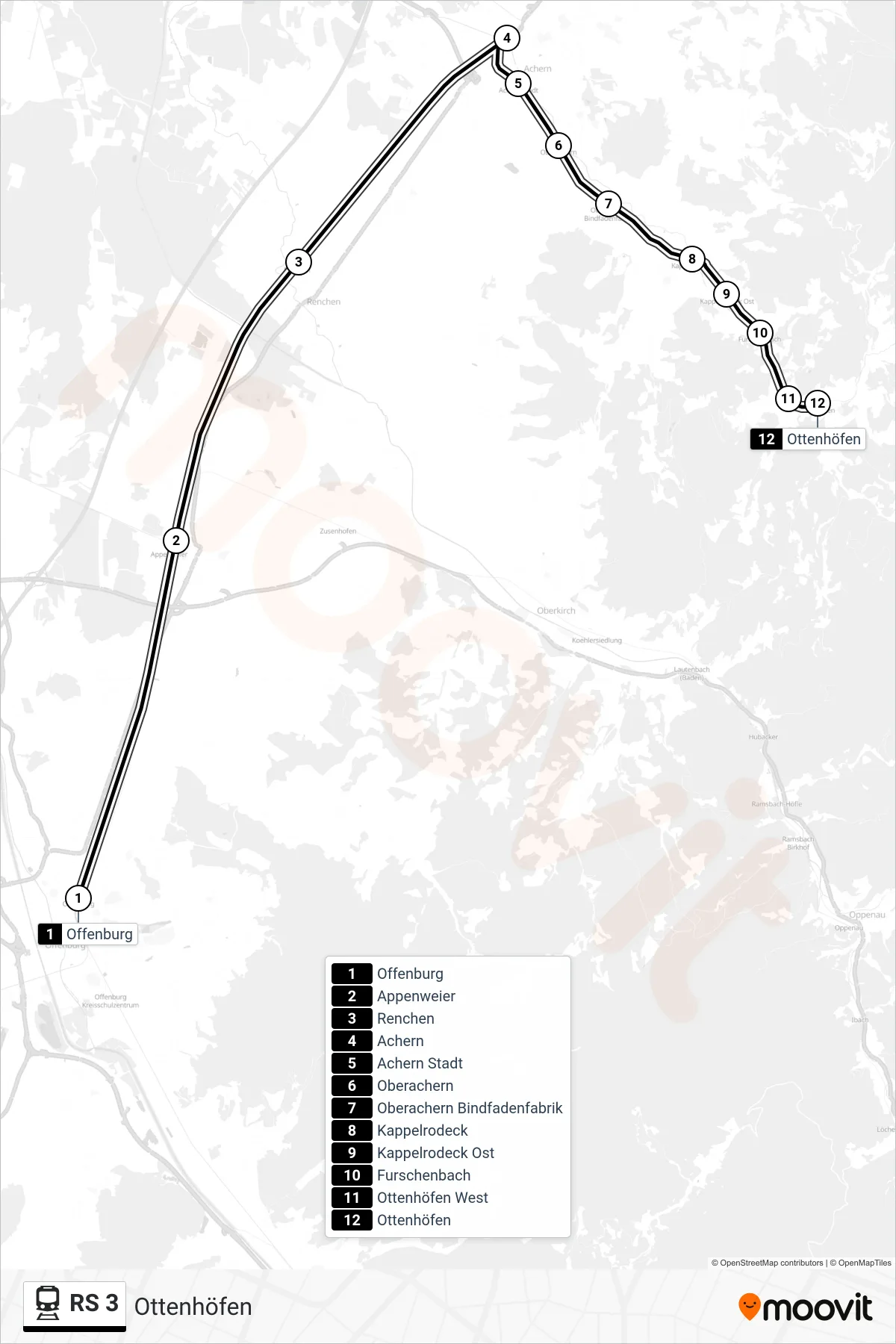 Linie RS 3 (Bahn) Richtung Ottenhöfen: Route und Haltestellen auf der Karte