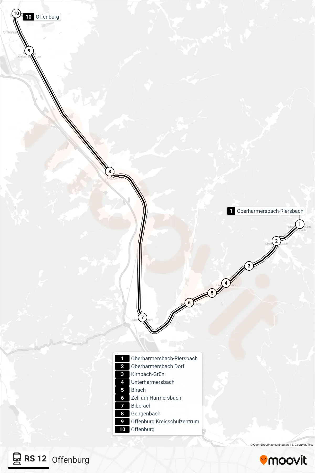 Linie RS 12 (Bahn) Richtung Offenburg: Route und Haltestellen auf der Karte