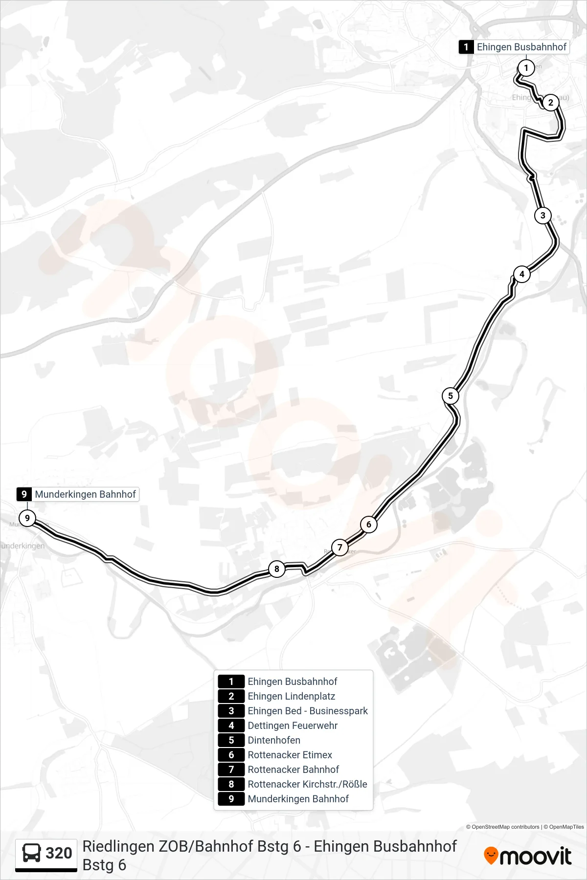 320 bus Line (Munderkingen Bahnhof) route and stops on a map