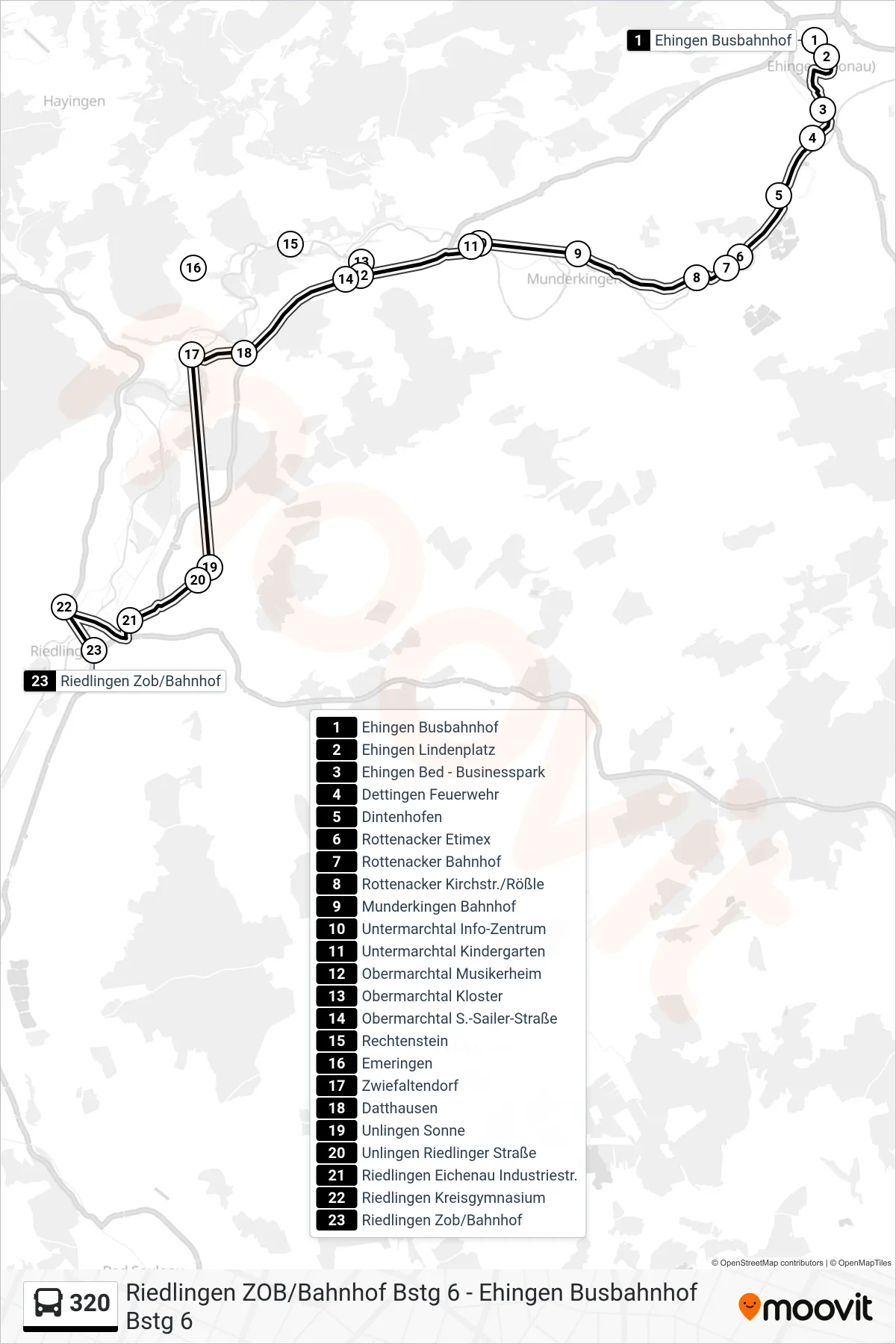 320 bus Line (Riedlingen Zob/Bahnhof) route and stops on a map