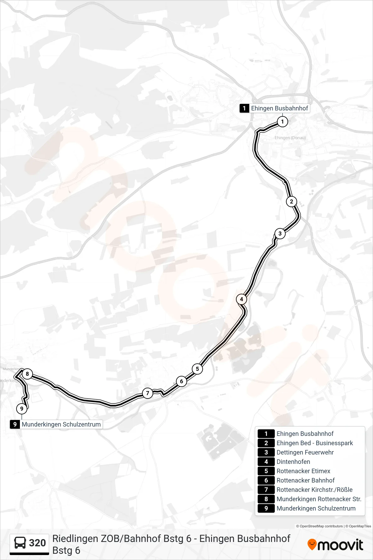 320 bus Line (Munderkingen Schulzentrum) route and stops on a map