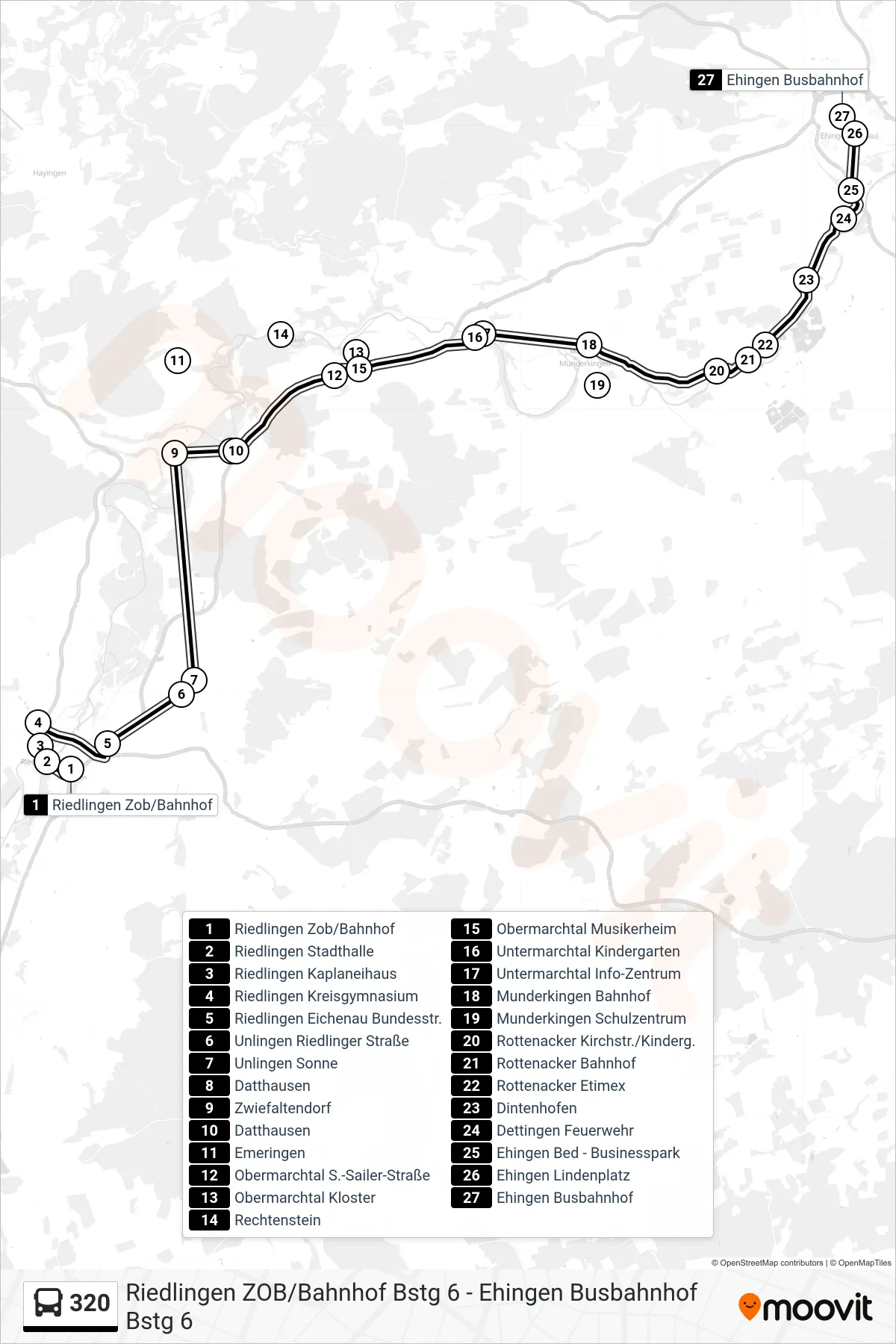 320 bus Line (Ehingen Busbahnhof) route and stops on a map