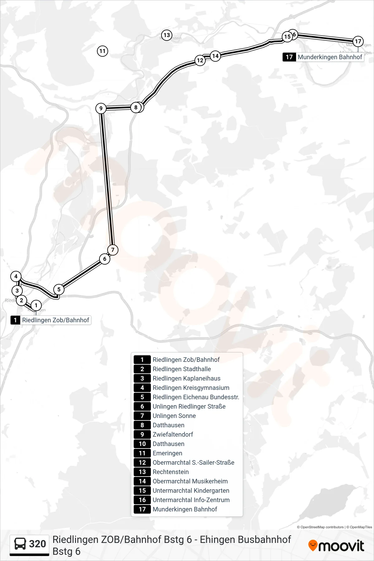 Linie 320 (Bus) Richtung Munderkingen Bahnhof: Route und Haltestellen auf der Karte