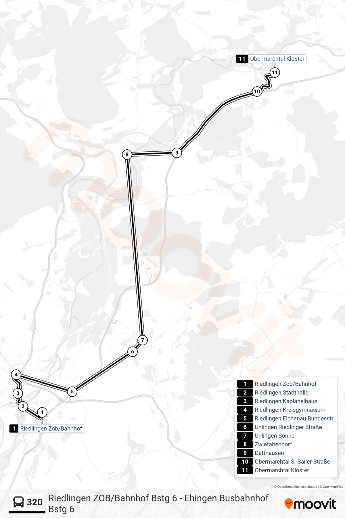 320 bus Line (Obermarchtal Kloster) route and stops on a map