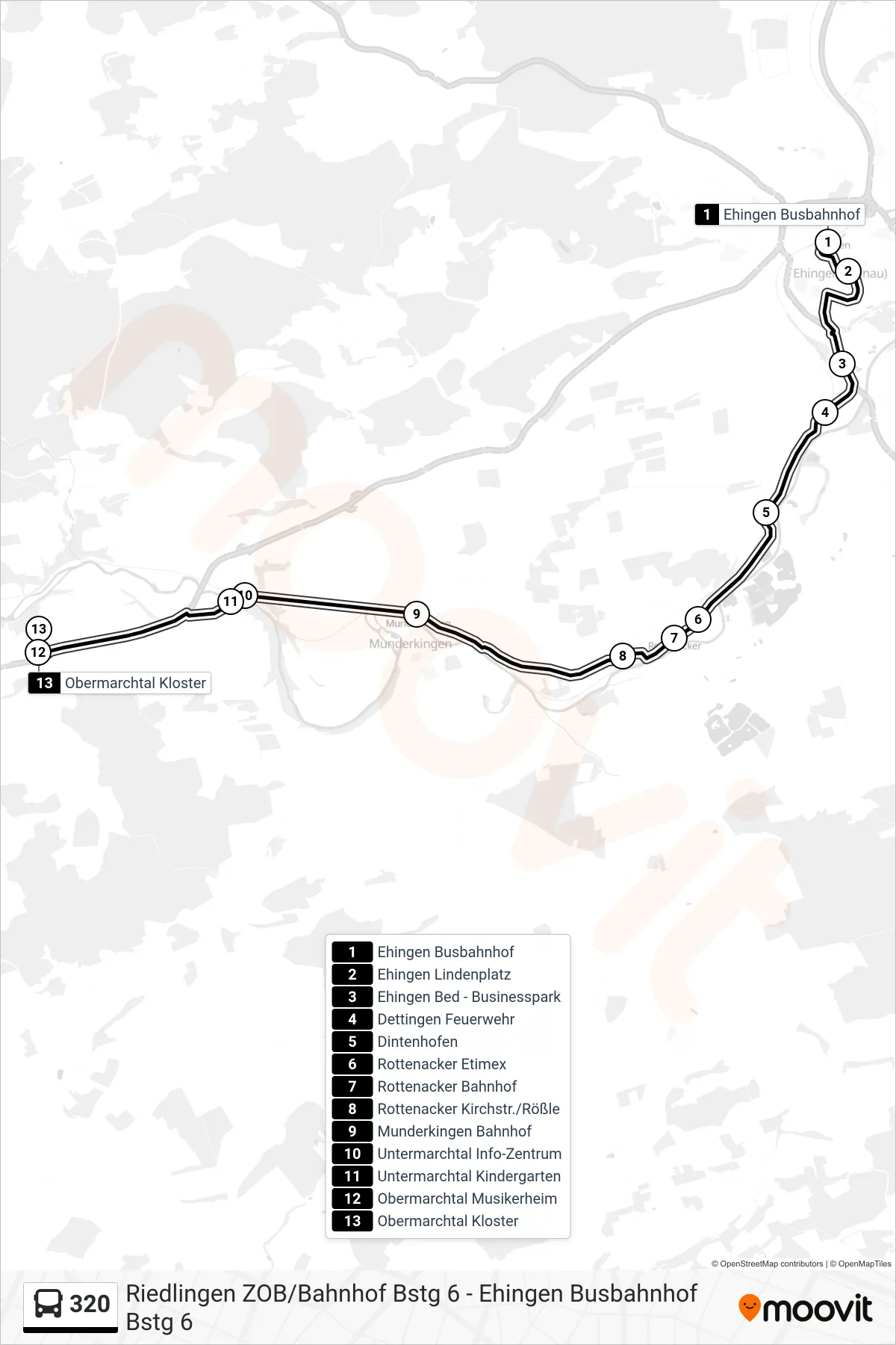 320 bus Line (Obermarchtal Kloster) route and stops on a map