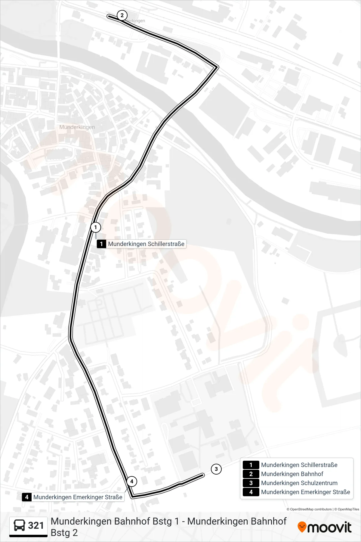 321 bus Line (Munderkingen Bahnhof) route and stops on a map
