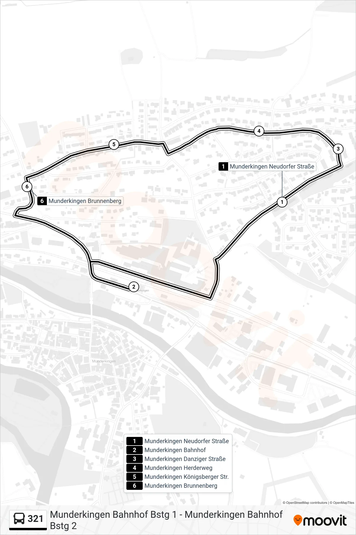 321 bus Line (Munderkingen Bahnhof) route and stops on a map