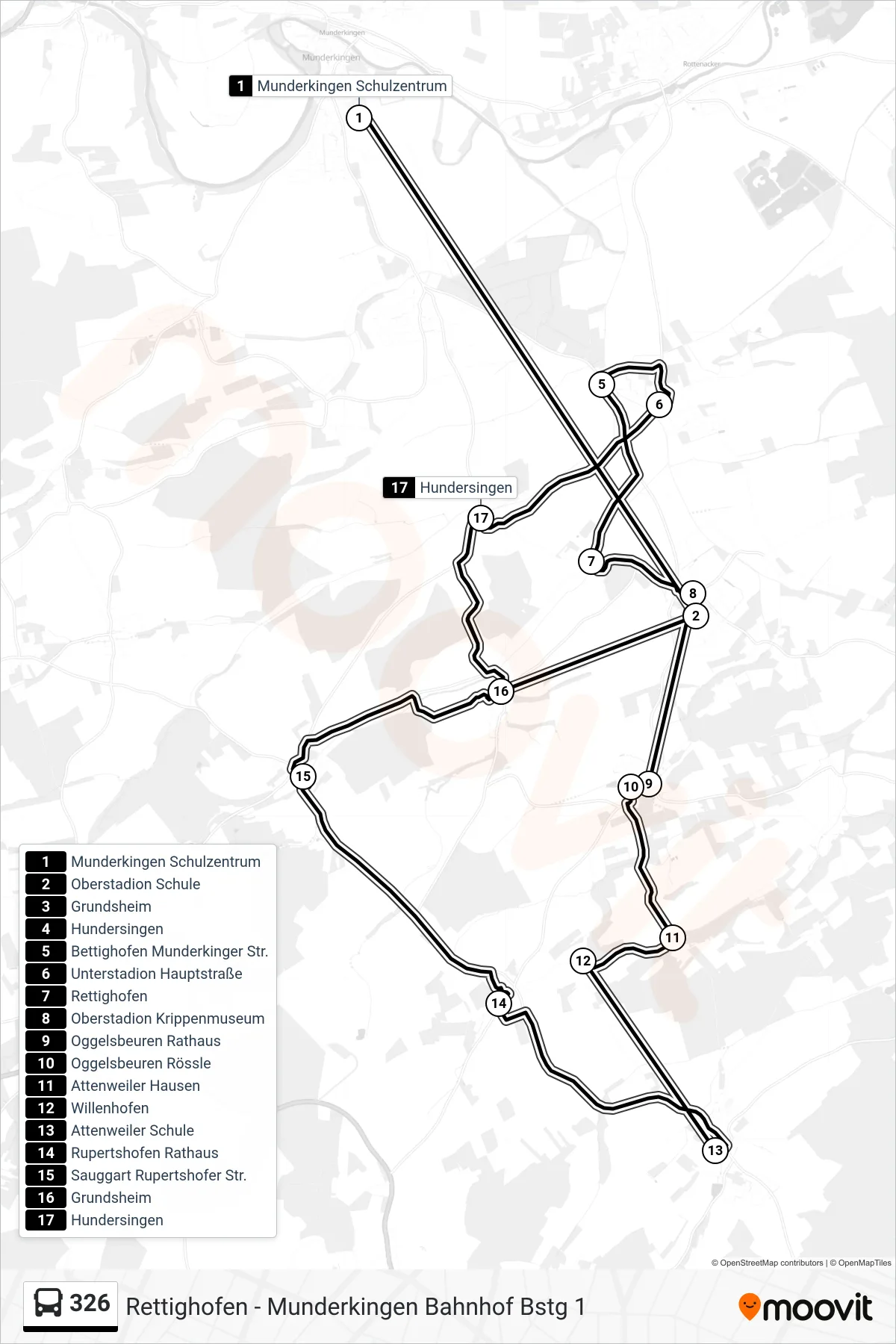 326 bus Line (Hundersingen) route and stops on a map