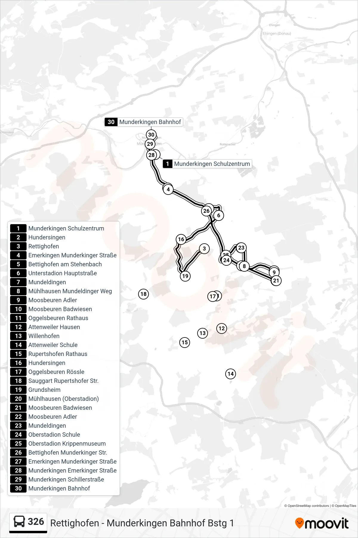 326 bus Line (Munderkingen Bahnhof) route and stops on a map