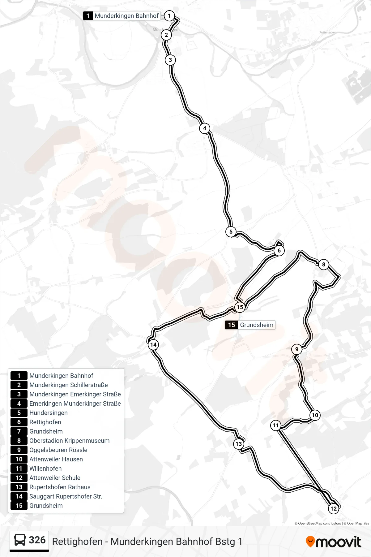 Linie 326 (Bus) Richtung Grundsheim: Route und Haltestellen auf der Karte