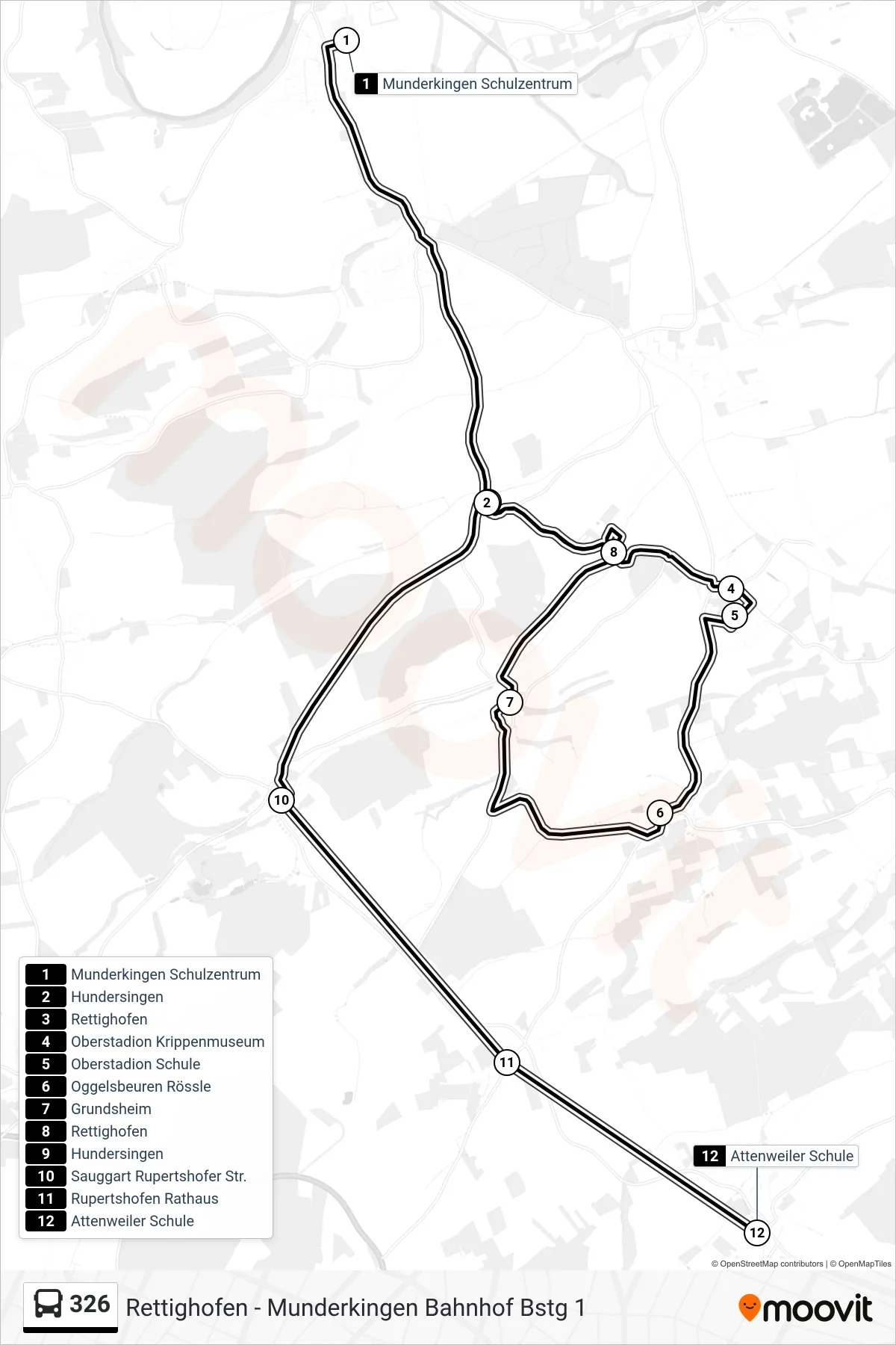 326 bus Line (Attenweiler Schule) route and stops on a map