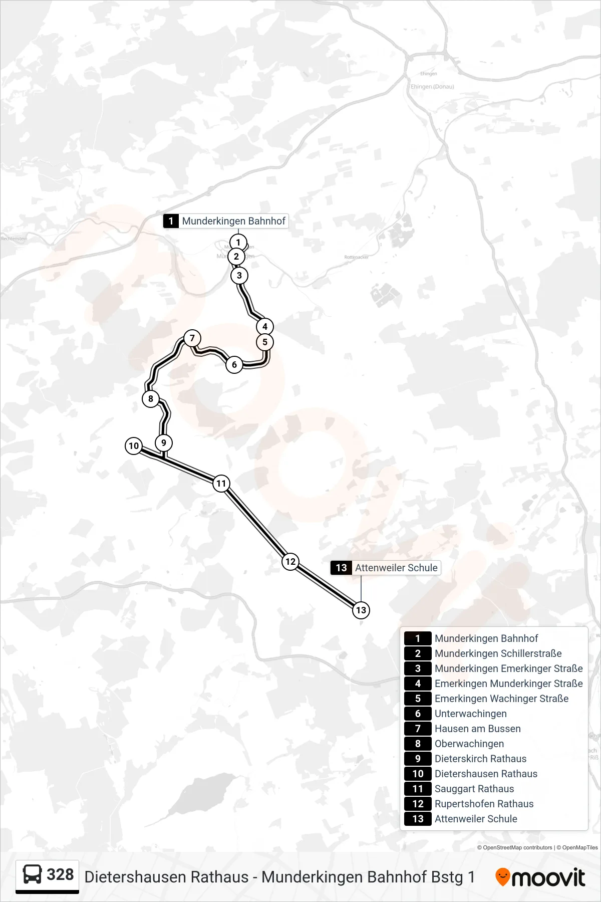 328 bus Line (Attenweiler Schule) route and stops on a map