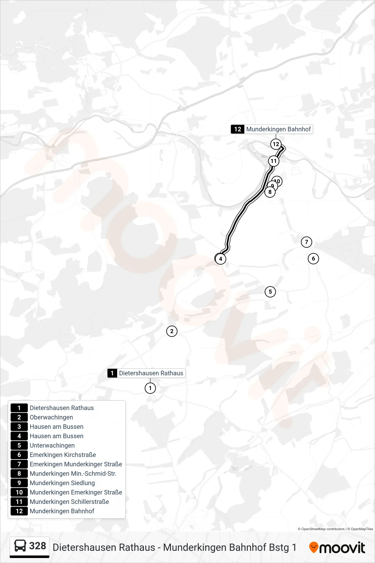 328 bus Line (Munderkingen Bahnhof) route and stops on a map