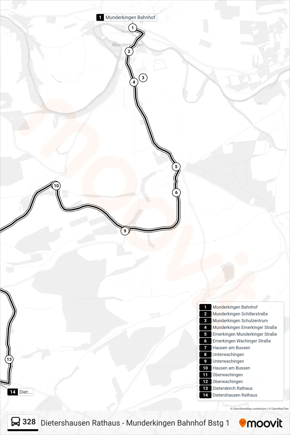 328 bus Line (Dietershausen Rathaus) route and stops on a map
