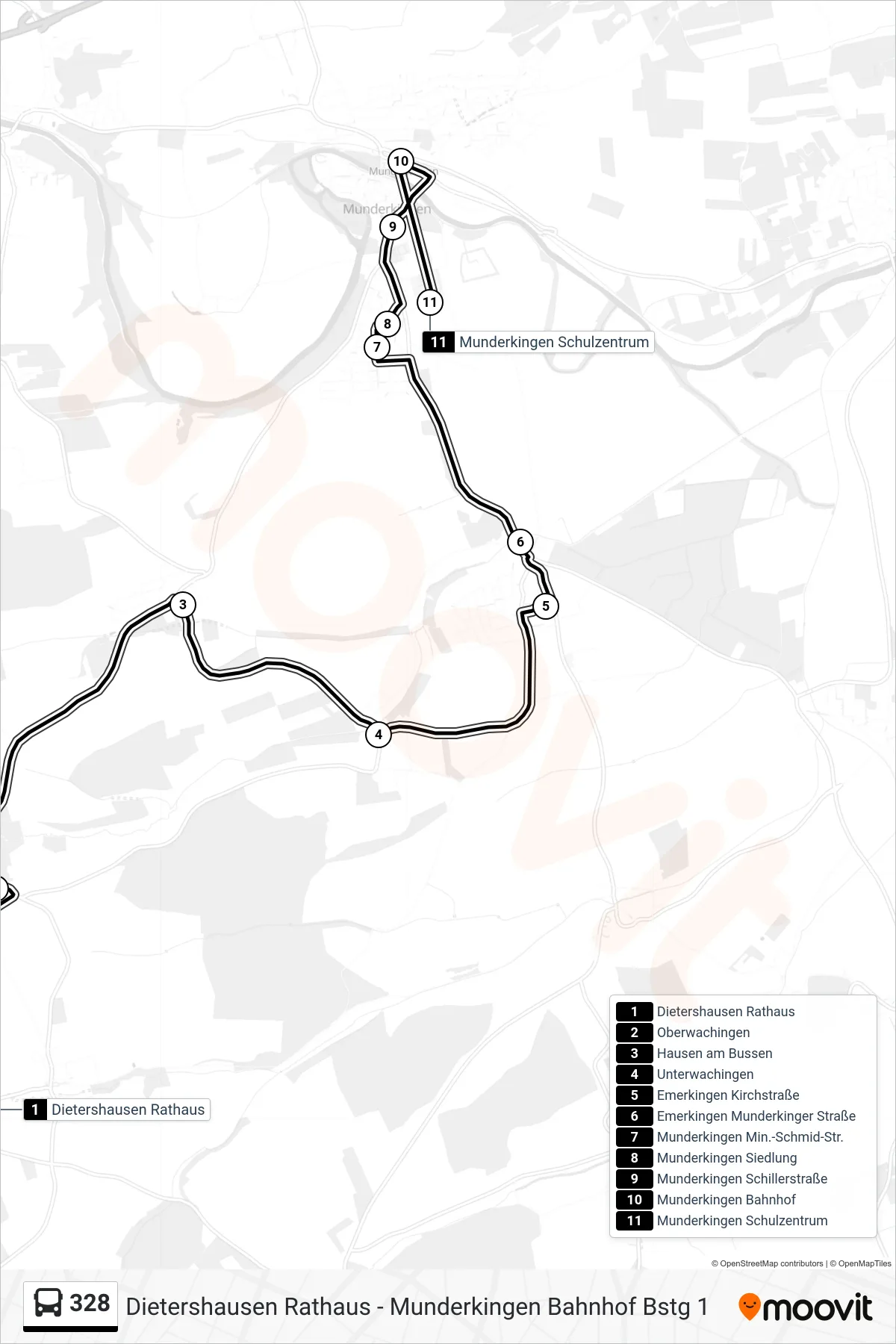 328 bus Line (Munderkingen Schulzentrum) route and stops on a map