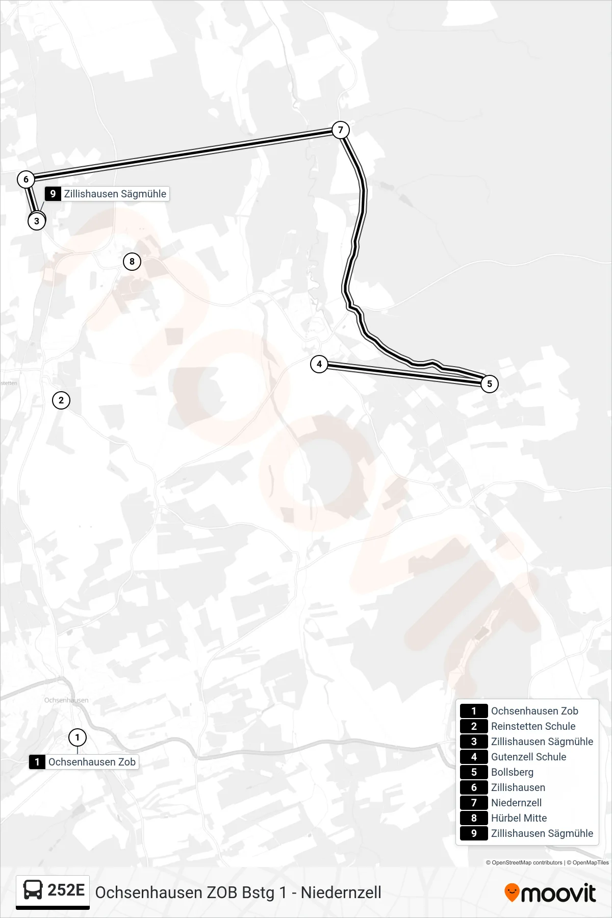 Linie 252E (Bus) Richtung Zillishausen Sägmühle: Route und Haltestellen auf der Karte