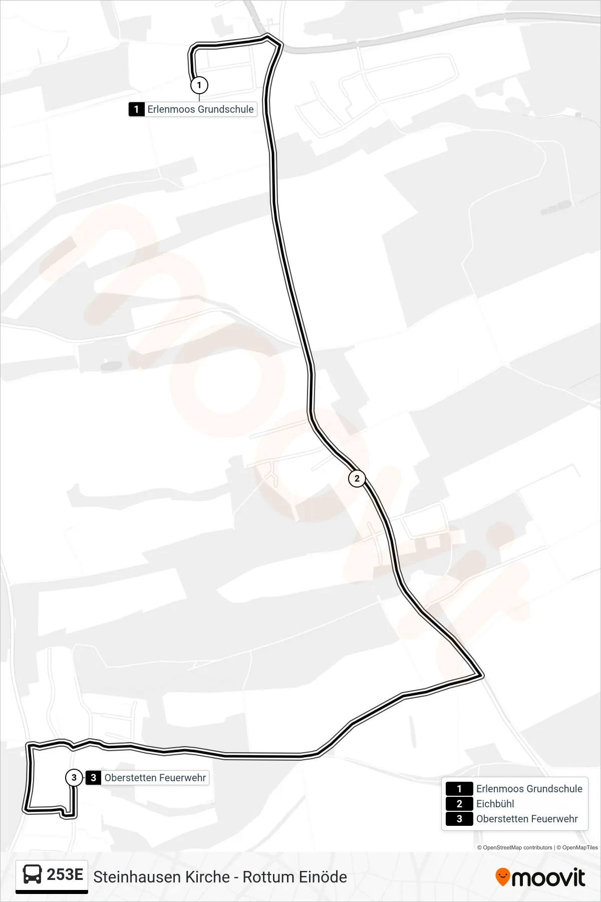 253E bus Line (Oberstetten Feuerwehr) route and stops on a map