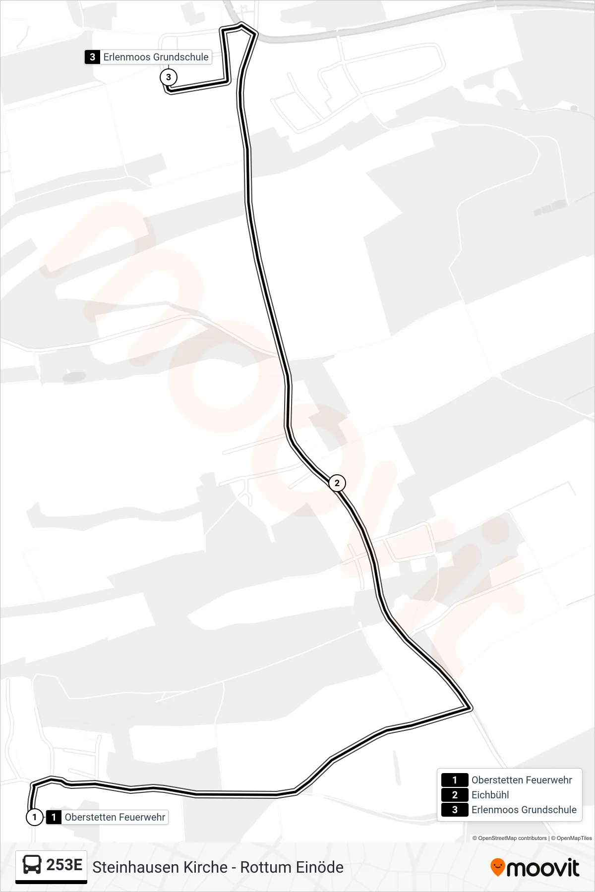 253E bus Line (Erlenmoos Grundschule) route and stops on a map