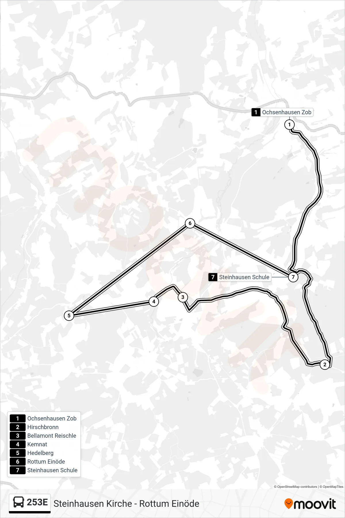 253E bus Line (Steinhausen Schule) route and stops on a map
