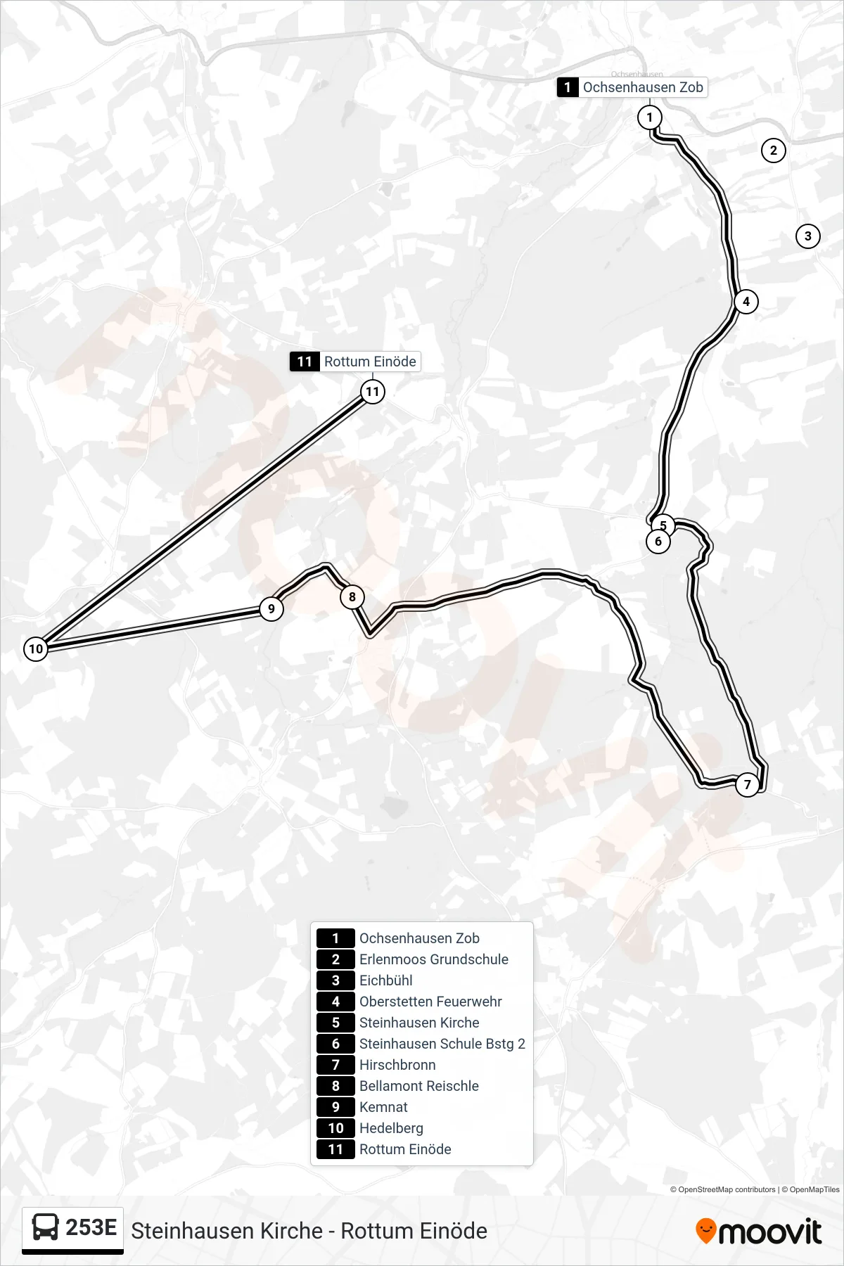 253E bus Line (Rottum Einöde) route and stops on a map