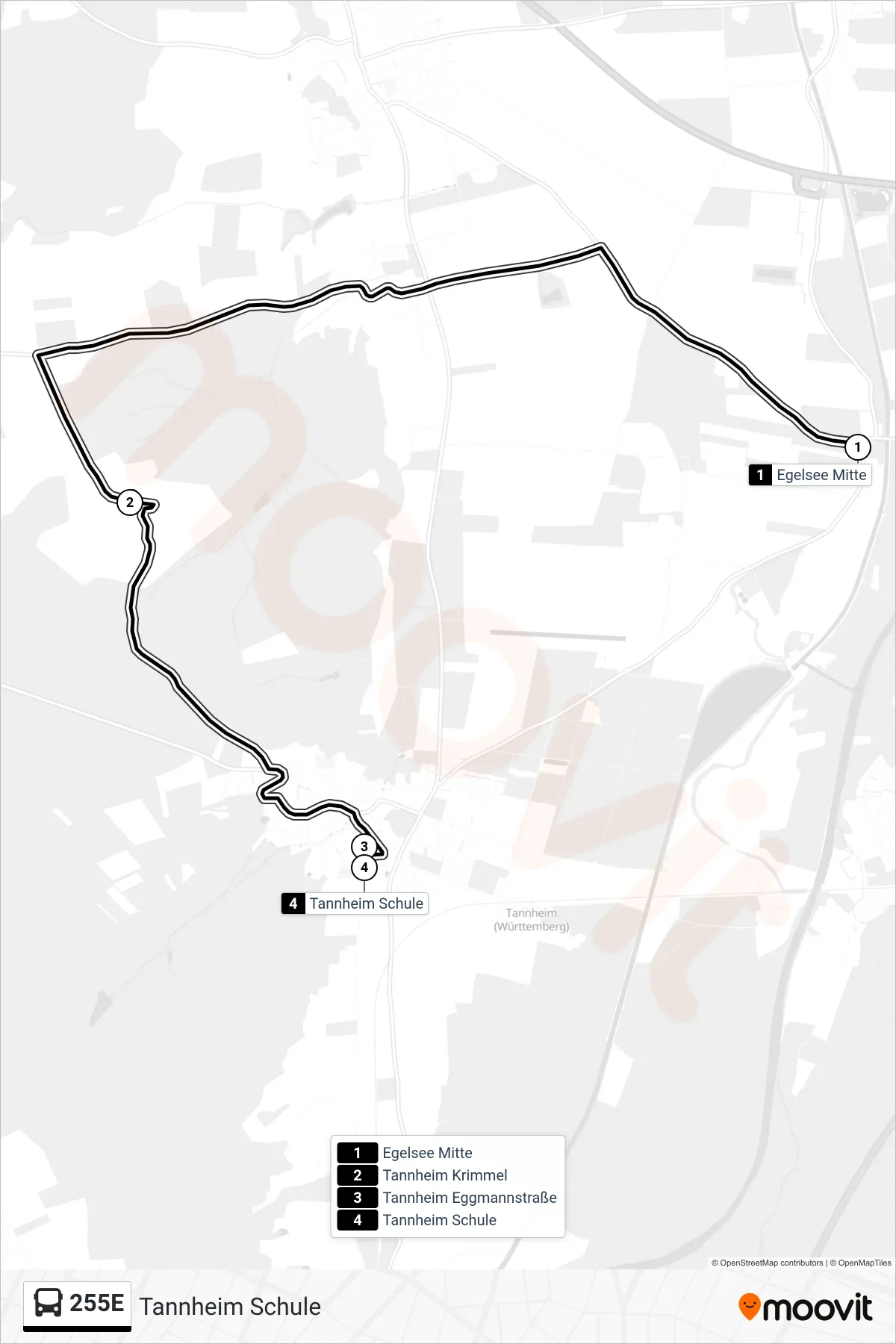 255E bus Line (Tannheim Schule) route and stops on a map
