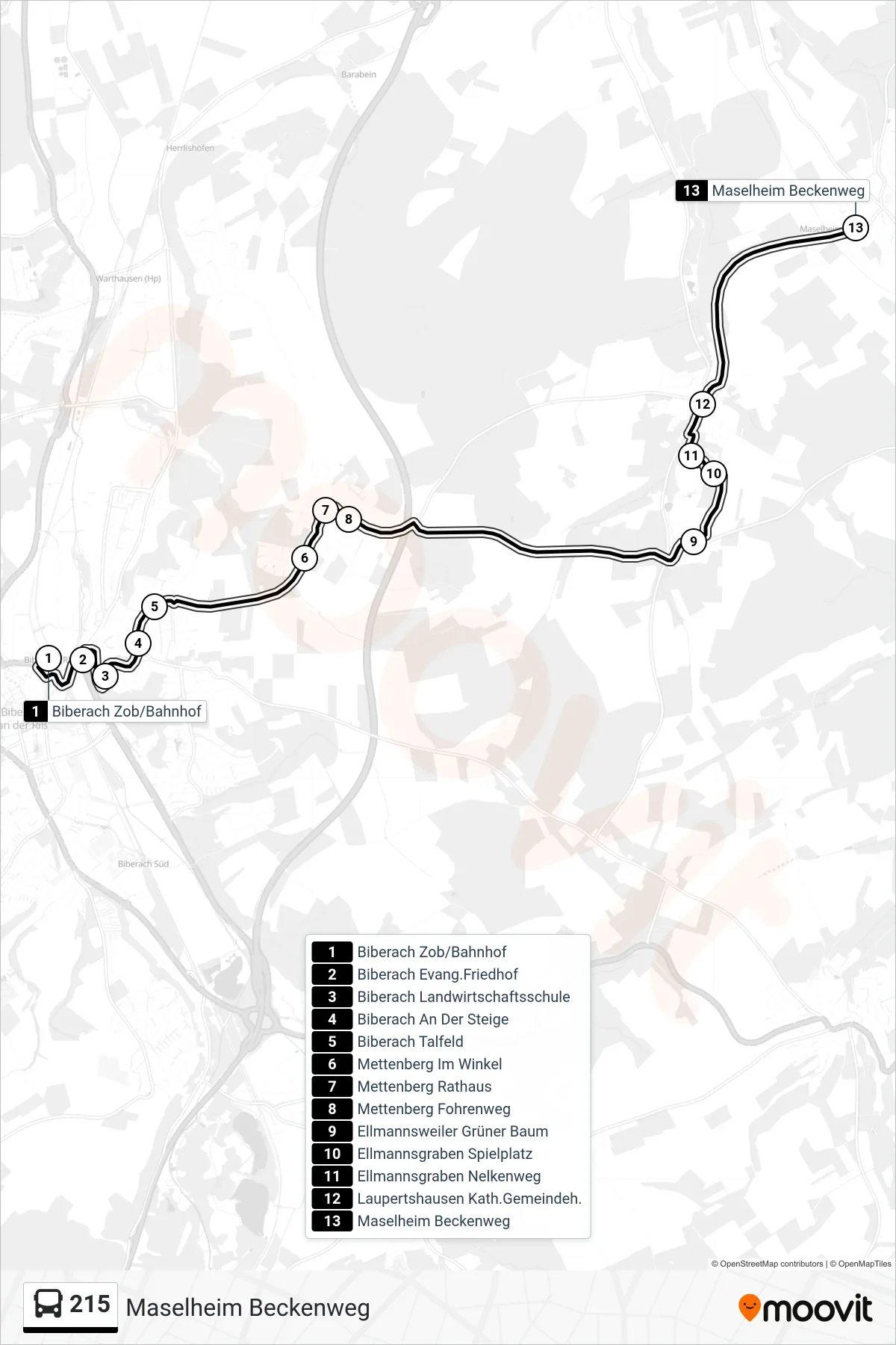 215 bus Line (Maselheim Beckenweg) route and stops on a map