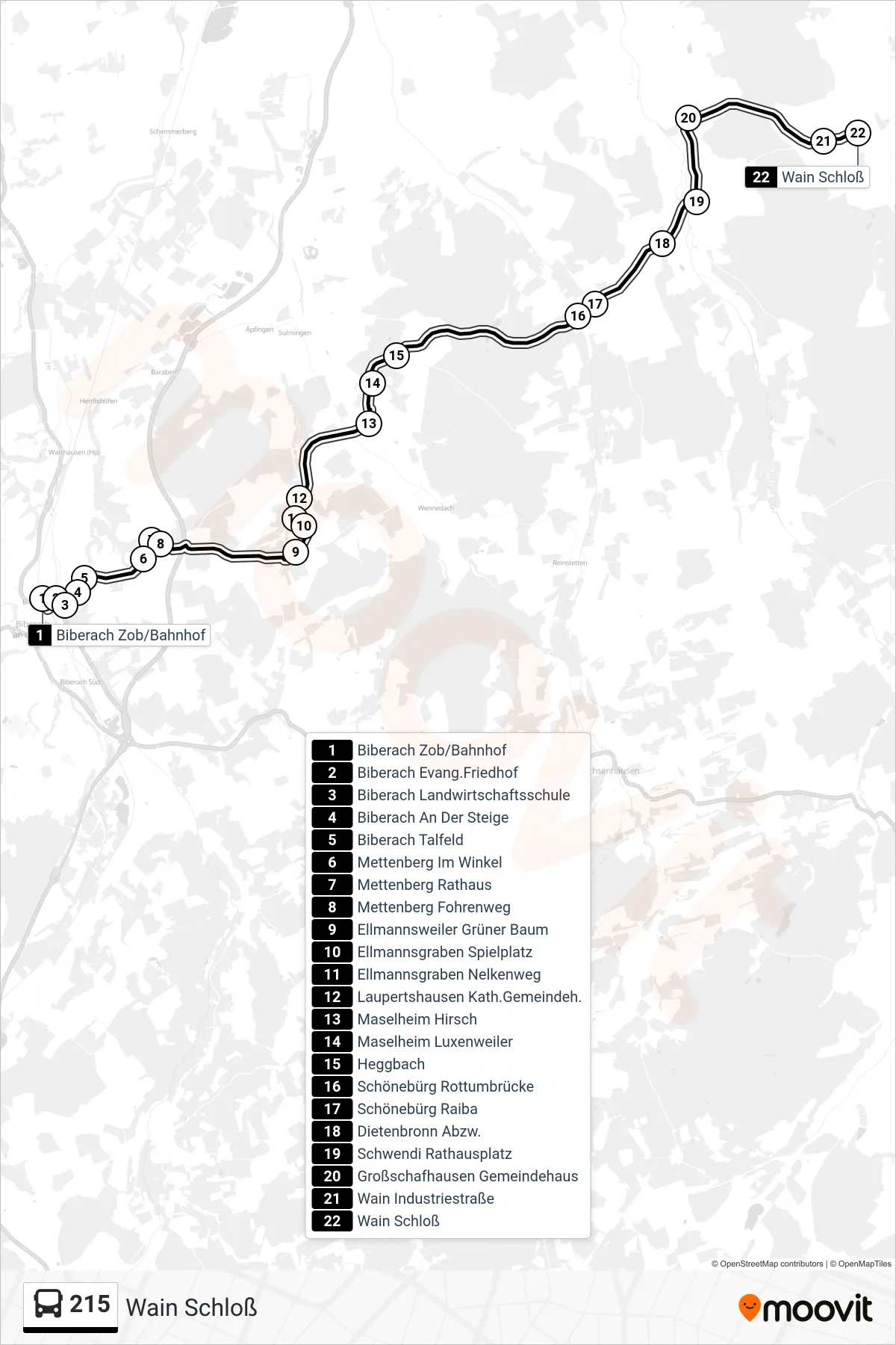 215 bus Line (Wain Schloß) route and stops on a map