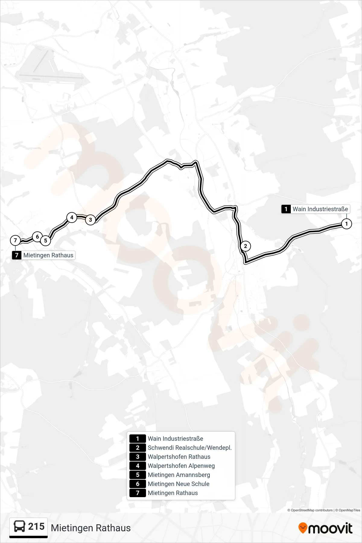 215 bus Line (Mietingen Rathaus) route and stops on a map