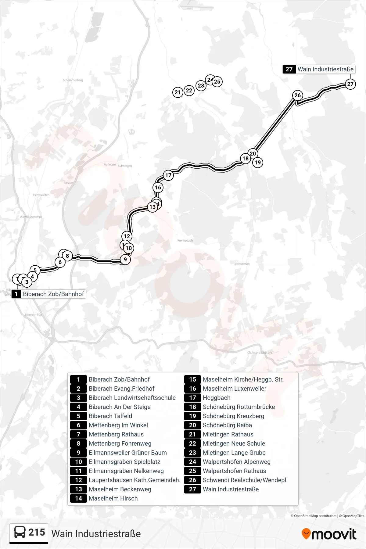 215 bus Line (Wain Industriestraße) route and stops on a map