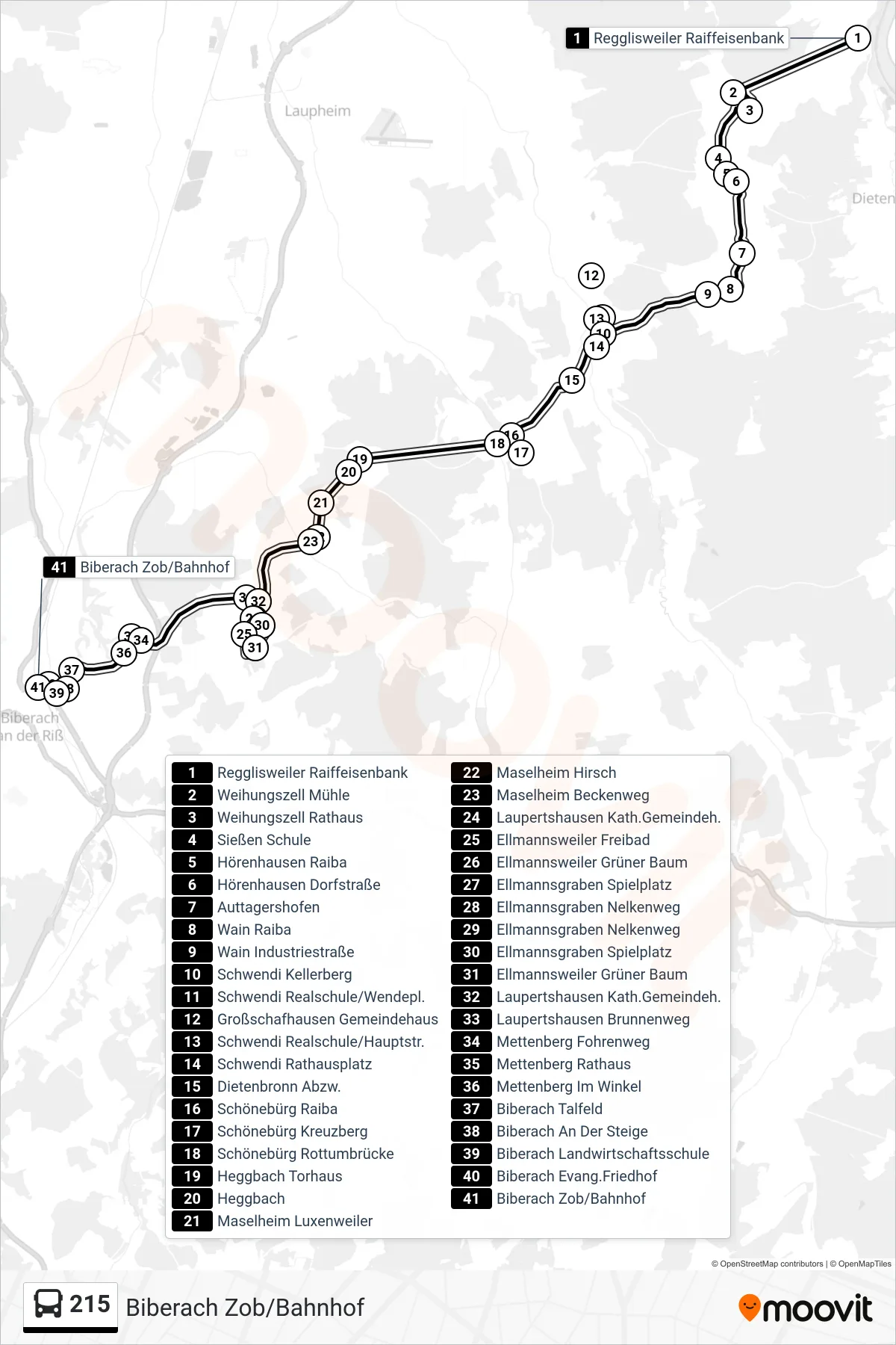 215 bus Line (Biberach Zob/Bahnhof) route and stops on a map